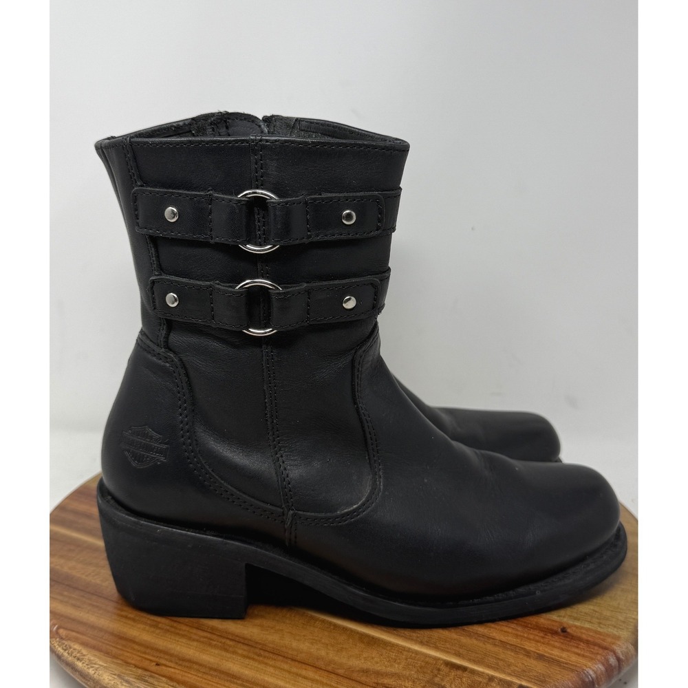 Harley Davidson Womens Black Leather Biker Boots 84256 Size 7 Harness Moto Zip